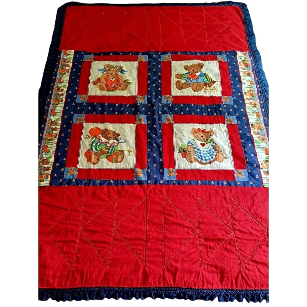 Vintage Teddy Bear Patchwork‎ Quilt Red Navy Blue Ruffle Nursery Blanket 67x44